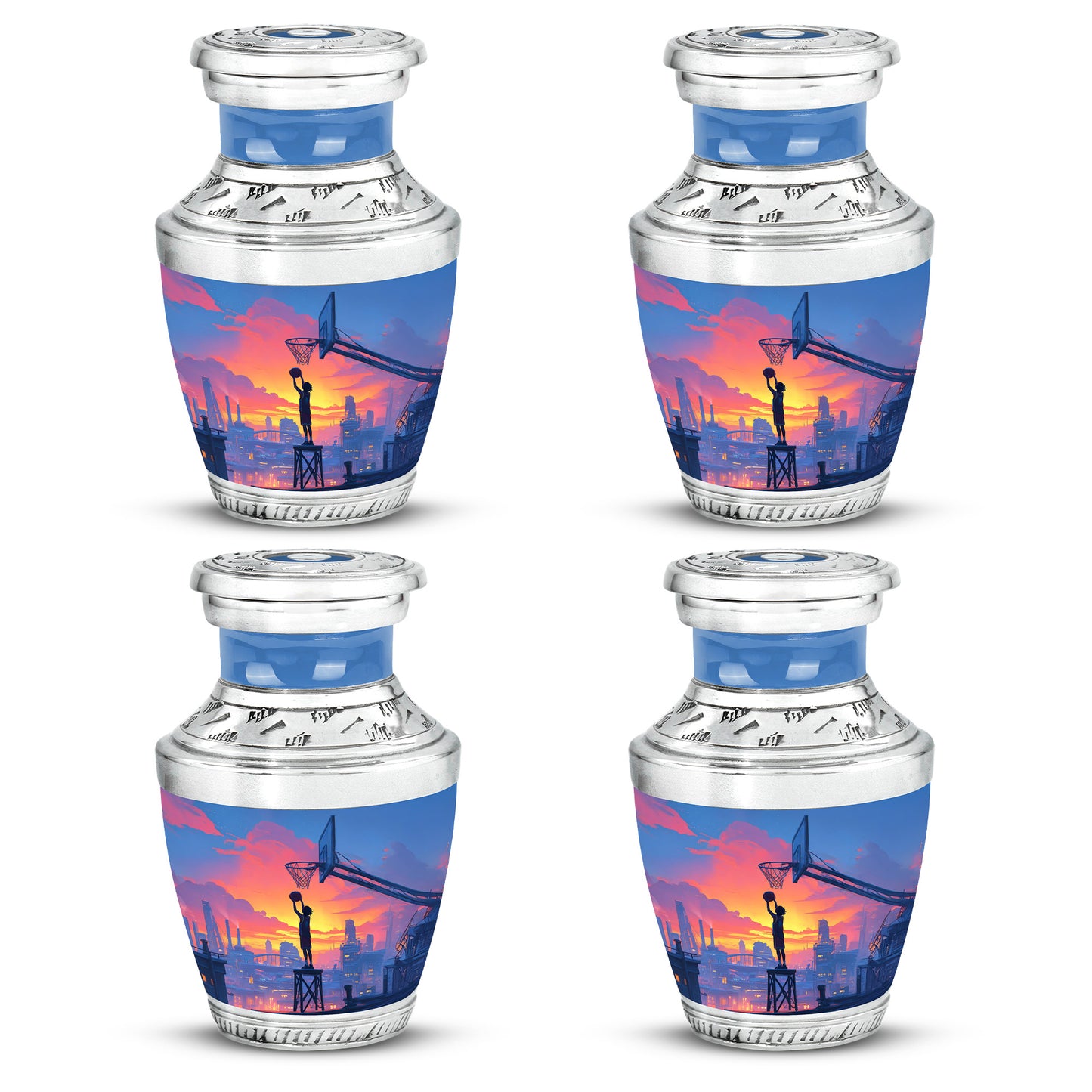 Celestial Blue Basketball Cremation Urn back view with polished surface - contemporary basketball design with modern artistic flair - 10 inch aluminum urn for cremated remains