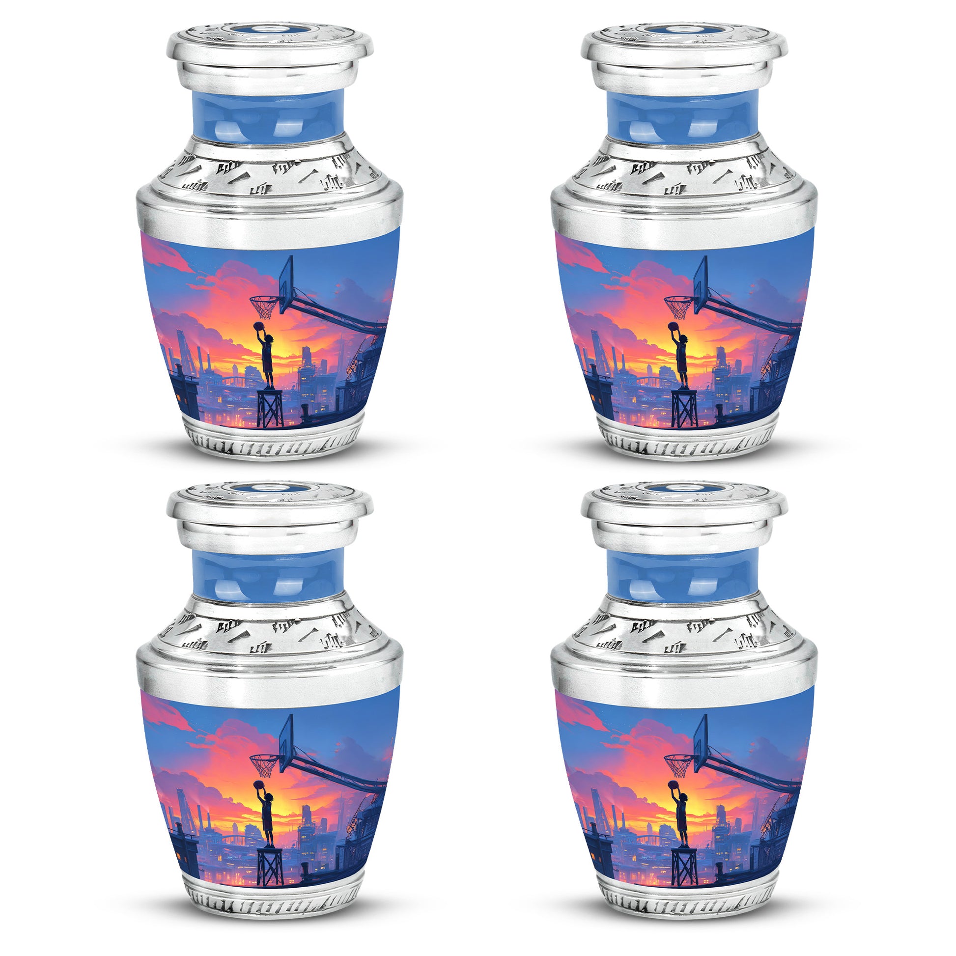 Celestial Blue Basketball Cremation Urn back view with polished surface - contemporary basketball design with modern artistic flair - 10 inch aluminum urn for cremated remains