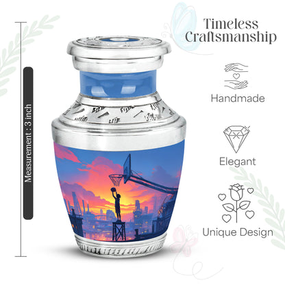 Calming Blue Basketball Cremation Urn top-down view of secure threaded lid - stylized abstract basketball pattern with bold lines - mini keepsake memorial for portion of cremation ashes