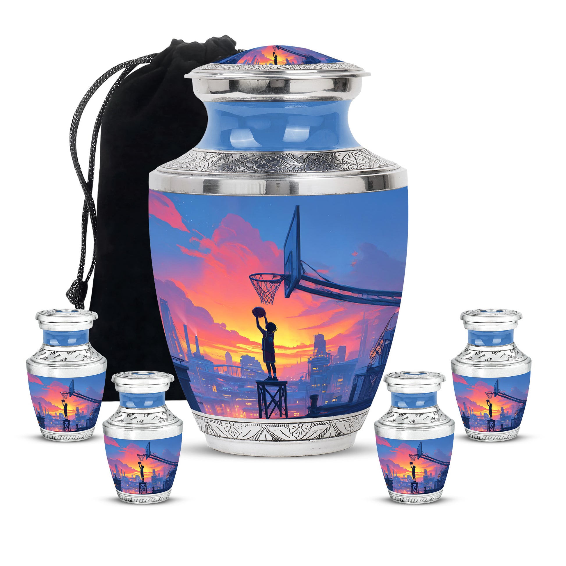 Royal Blue Basketball Cremation Urn lifestyle display on memorial shelf - stylized abstract basketball pattern with bold lines - memorial set with one large and four small urns
