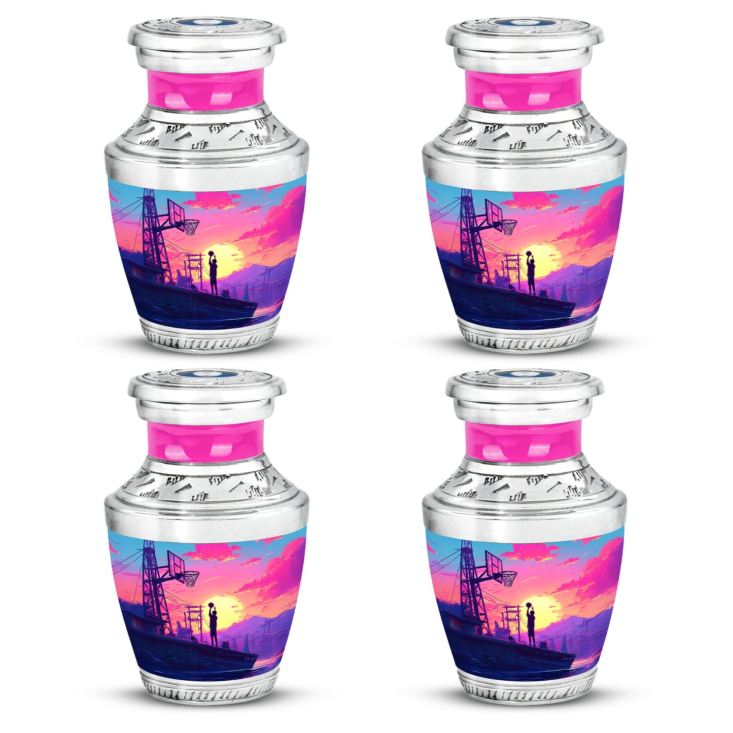 Pastel Blue Basketball Cremation Urn back view with polished surface - modern art-inspired basketball motif on sleek aluminum - 10 inch aluminum urn for cremated remains
