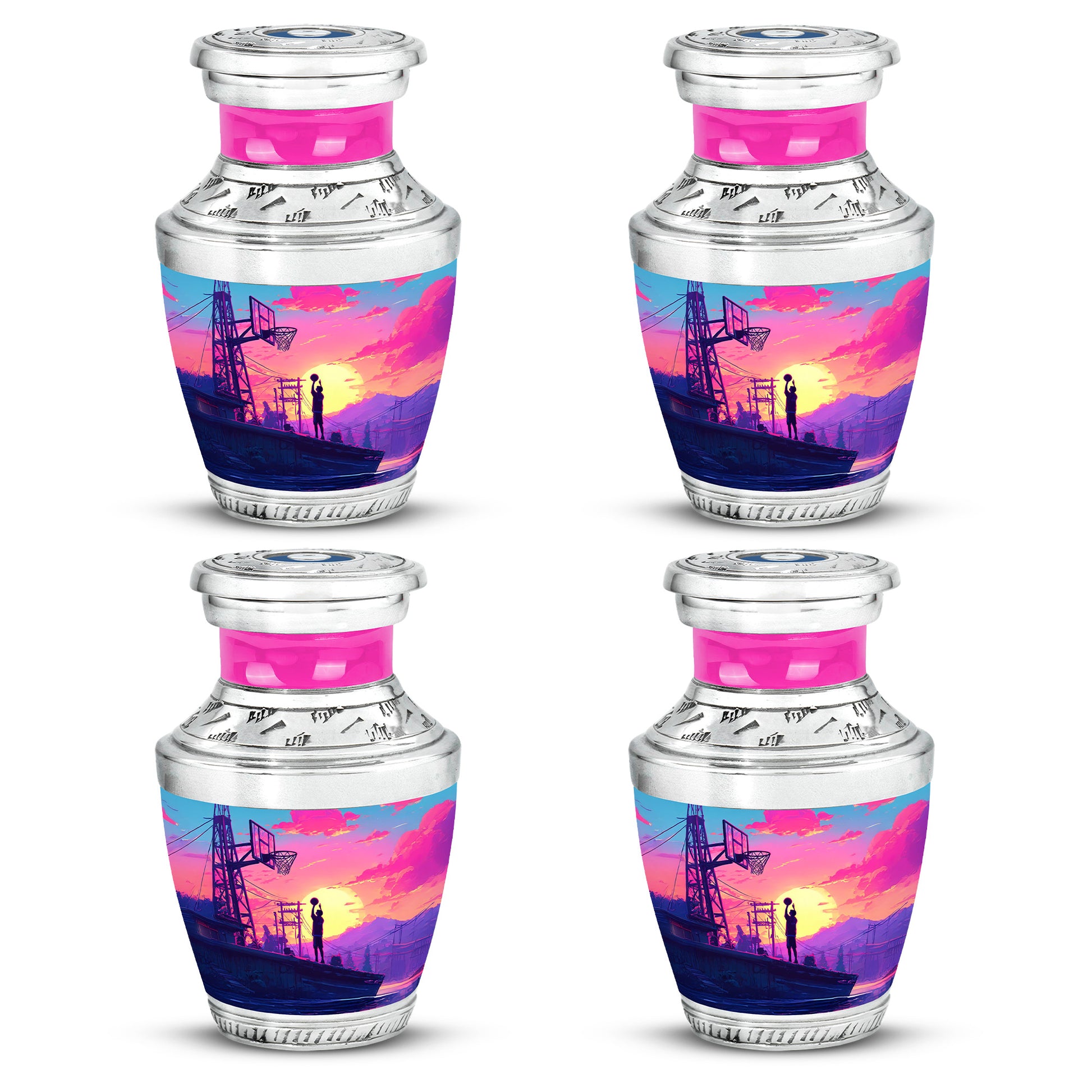 Pastel Blue Basketball Cremation Urn back view with polished surface - modern art-inspired basketball motif on sleek aluminum - 10 inch aluminum urn for cremated remains