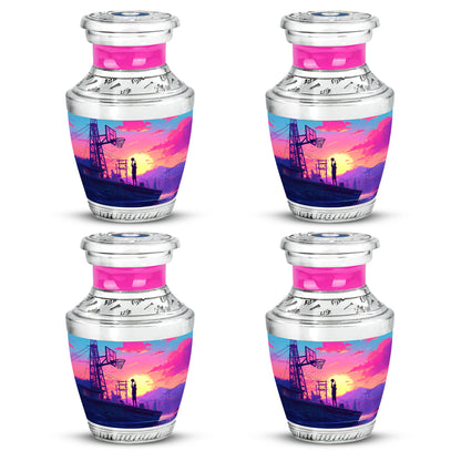 Pastel Blue Basketball Cremation Urn back view with polished surface - modern art-inspired basketball motif on sleek aluminum - 10 inch aluminum urn for cremated remains