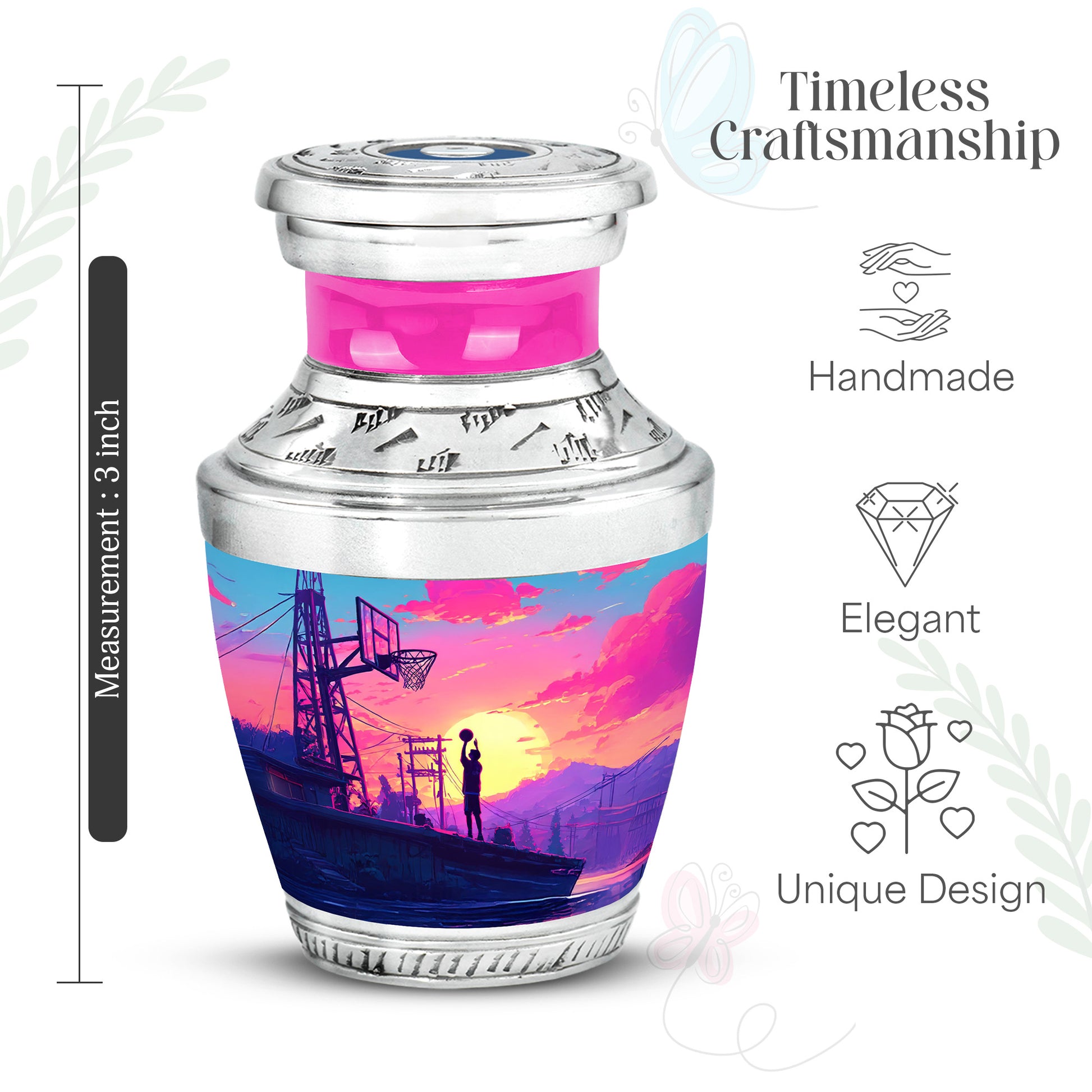 Cobalt Blue Basketball Cremation Urn top-down view of secure threaded lid - stylized abstract basketball pattern with bold lines - mini keepsake memorial for portion of cremation ashes