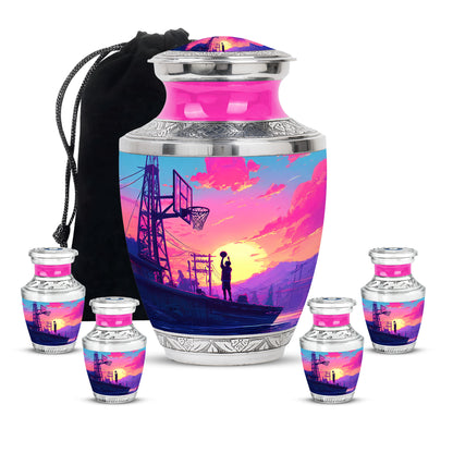 Serene Blue Basketball Cremation Urn lifestyle display on memorial shelf - artistic basketball interpretation with creative detail - memorial set with one large and four small urns