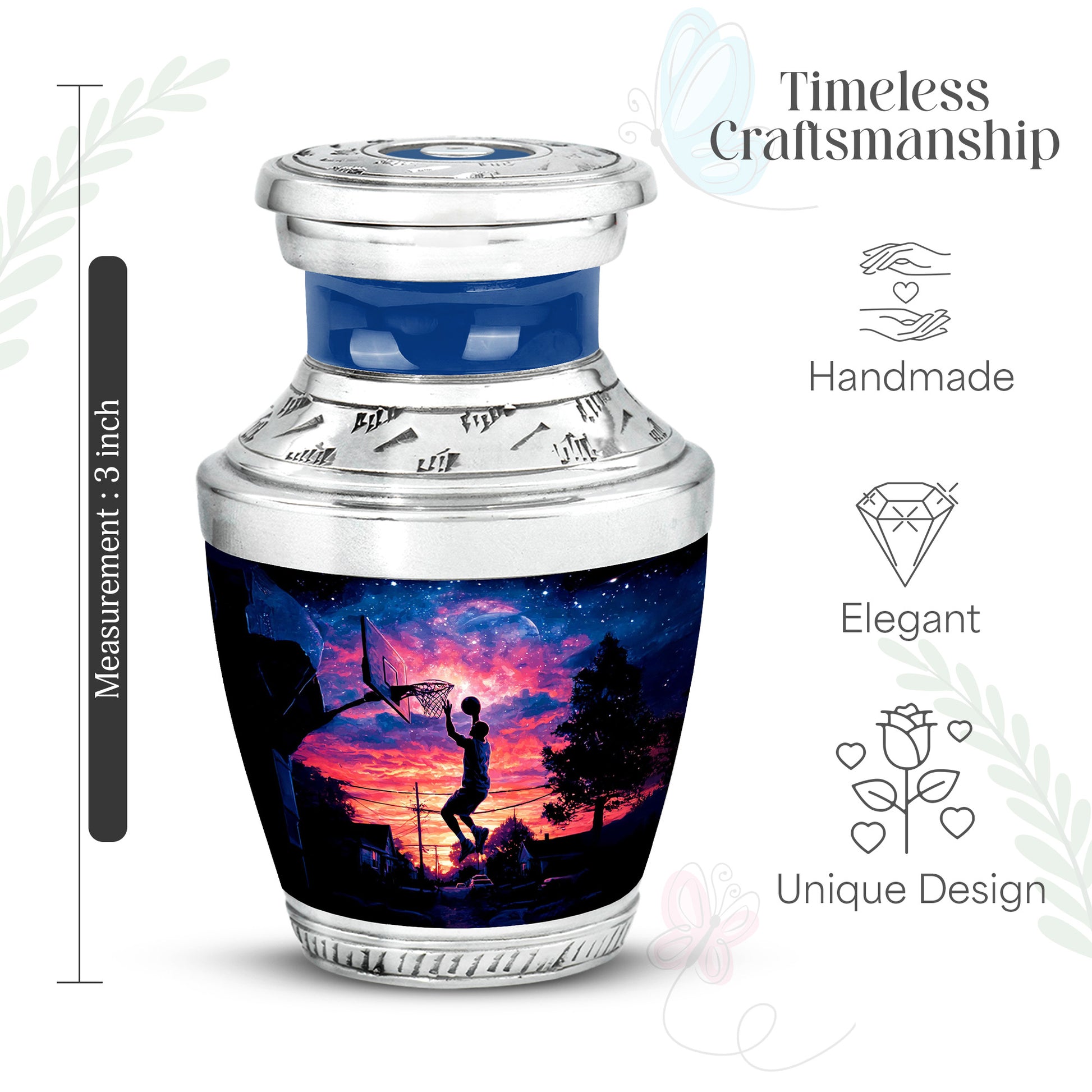 Charcoal Black Basketball Cremation Urn top-down view of secure threaded lid - stylized abstract basketball pattern with bold lines - mini keepsake memorial for portion of cremation ashes