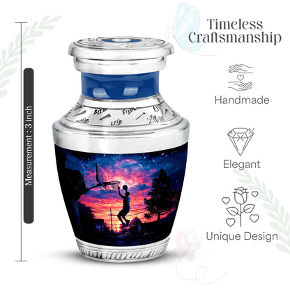 Charcoal Black Basketball Cremation Urn top-down view of secure threaded lid - stylized abstract basketball pattern with bold lines - mini keepsake memorial for portion of cremation ashes