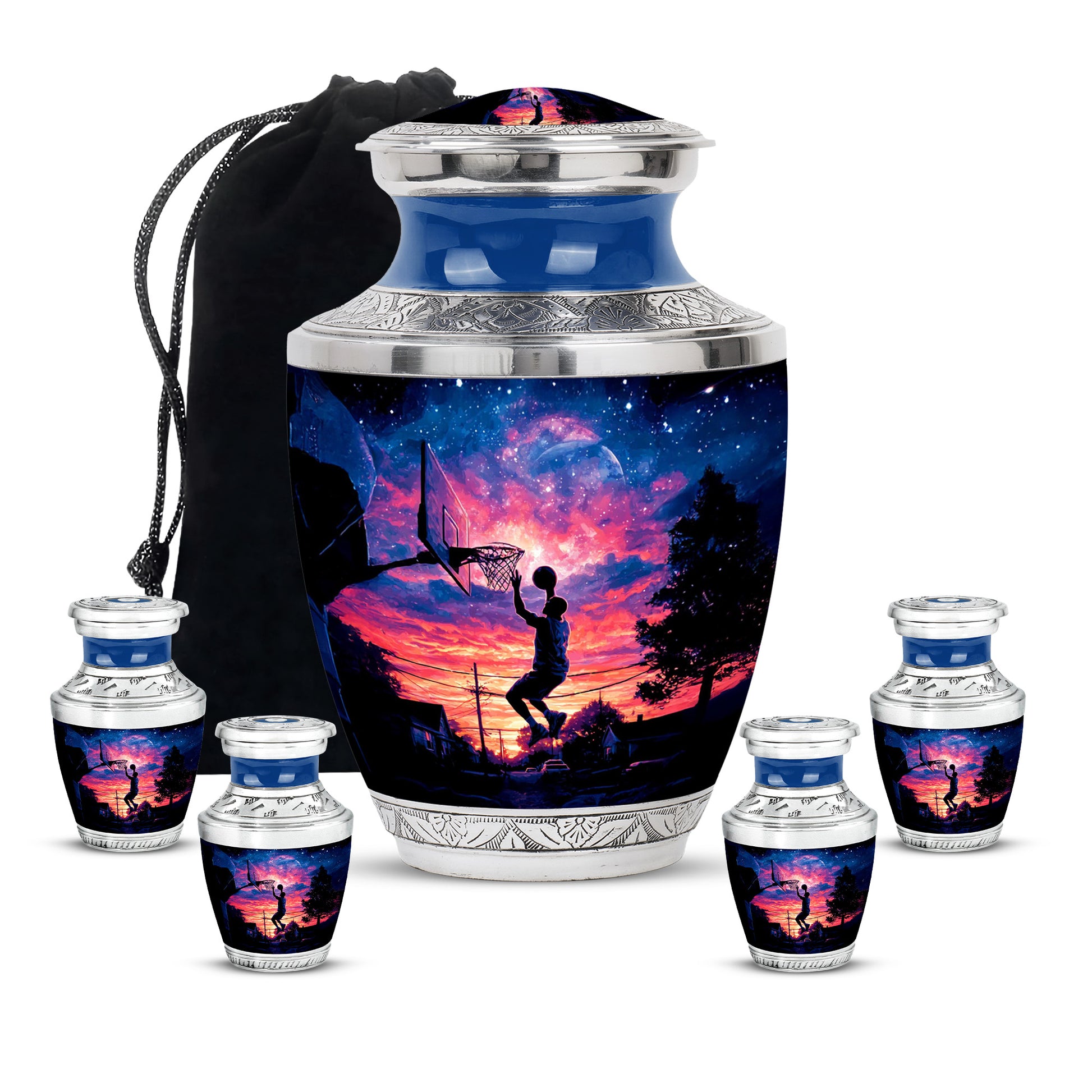 Dark Black Basketball Cremation Urn lifestyle display on memorial shelf - artistic basketball interpretation with creative detail - memorial set with one large and four small urns