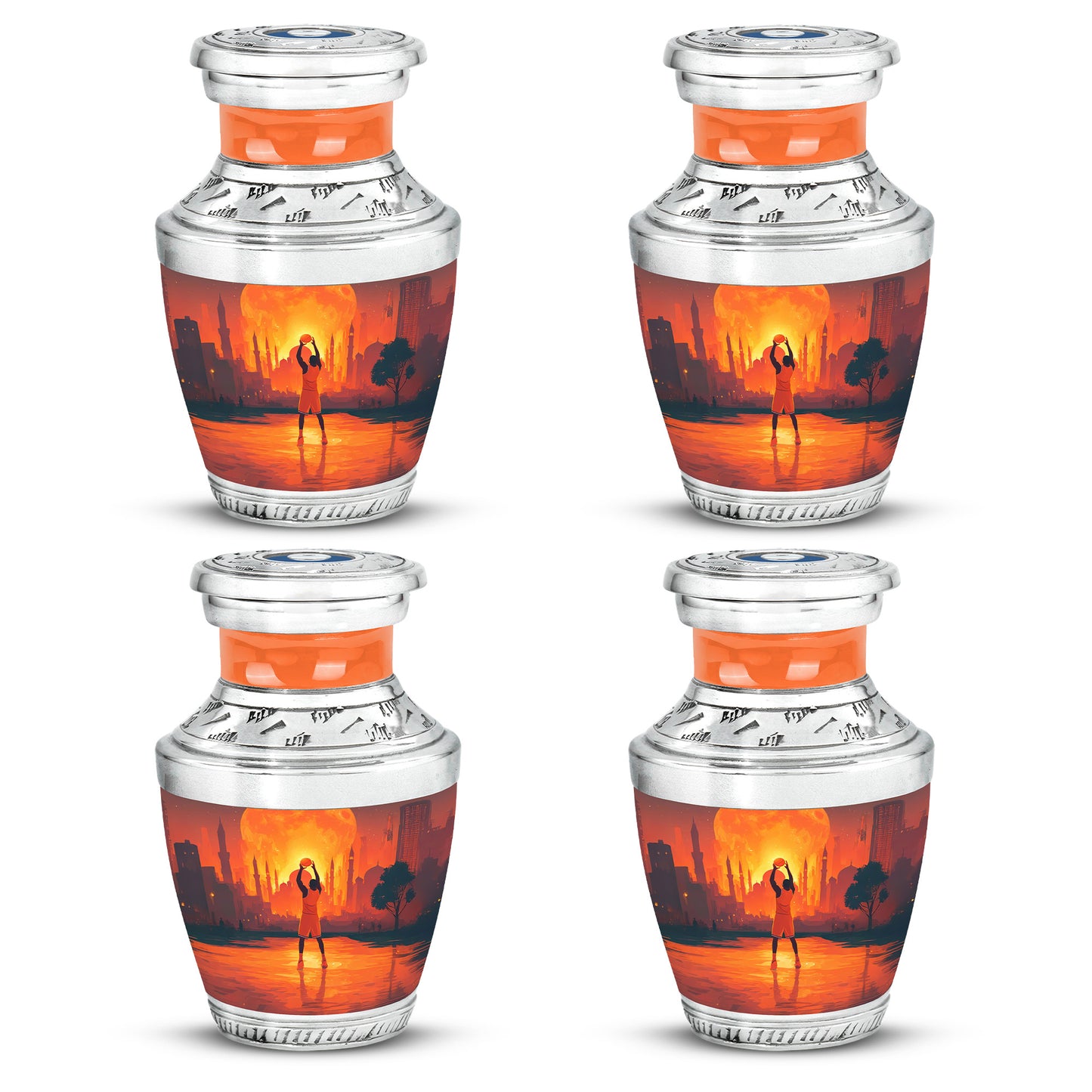 Cherry Red Basketball Cremation Urn back view with polished surface - stylized abstract basketball pattern with bold lines - 10 inch aluminum urn for cremated remains