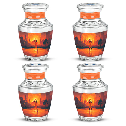 Cherry Red Basketball Cremation Urn back view with polished surface - stylized abstract basketball pattern with bold lines - 10 inch aluminum urn for cremated remains