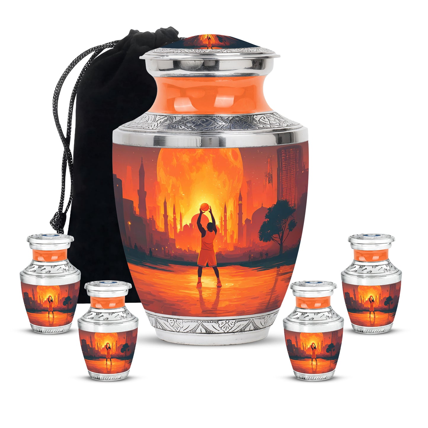 Cherry Red Basketball Cremation Urn lifestyle display on memorial shelf - artistic basketball interpretation with creative detail - memorial set with one large and four small urns