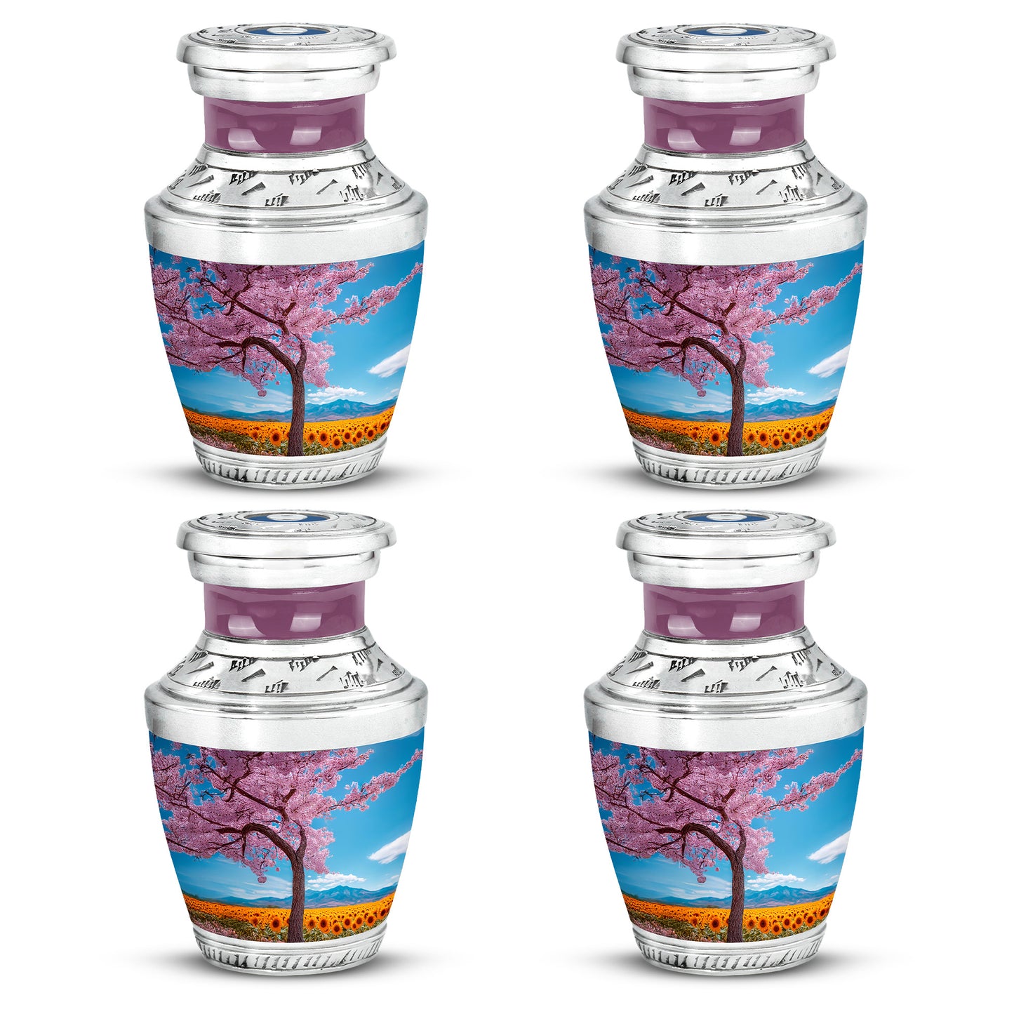 Cornflower Blue Cherry Blossom Cremation Urn back view with polished surface - stylized abstract cherry blossom pattern with bold lines - 10 inch aluminum urn for cremated remains