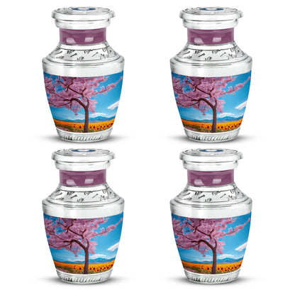 Cornflower Blue Cherry Blossom Cremation Urn back view with polished surface - stylized abstract cherry blossom pattern with bold lines - 10 inch aluminum urn for cremated remains