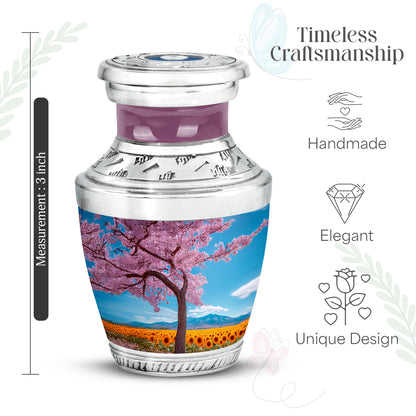 Navy Blue Cherry Blossom Cremation Urn top-down view of secure threaded lid - modern art-inspired cherry blossom motif on sleek aluminum - mini keepsake memorial for portion of cremation ashes