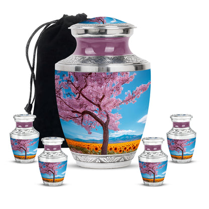 Royal Blue Cherry Blossom Cremation Urn lifestyle display on memorial shelf - artistic cherry blossom interpretation with creative detail - memorial set with one large and four small urns