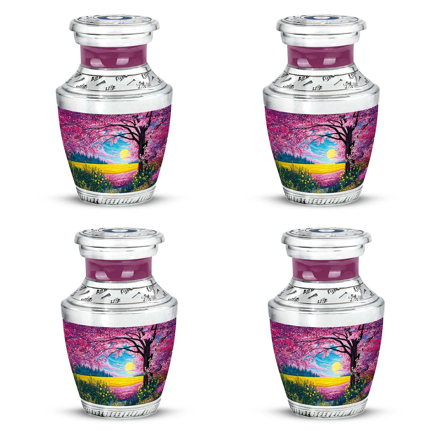Soft Pink Cherry Blossom Cremation Urn back view with polished surface - artistic cherry blossom interpretation with creative detail - 10 inch aluminum urn for cremated remains