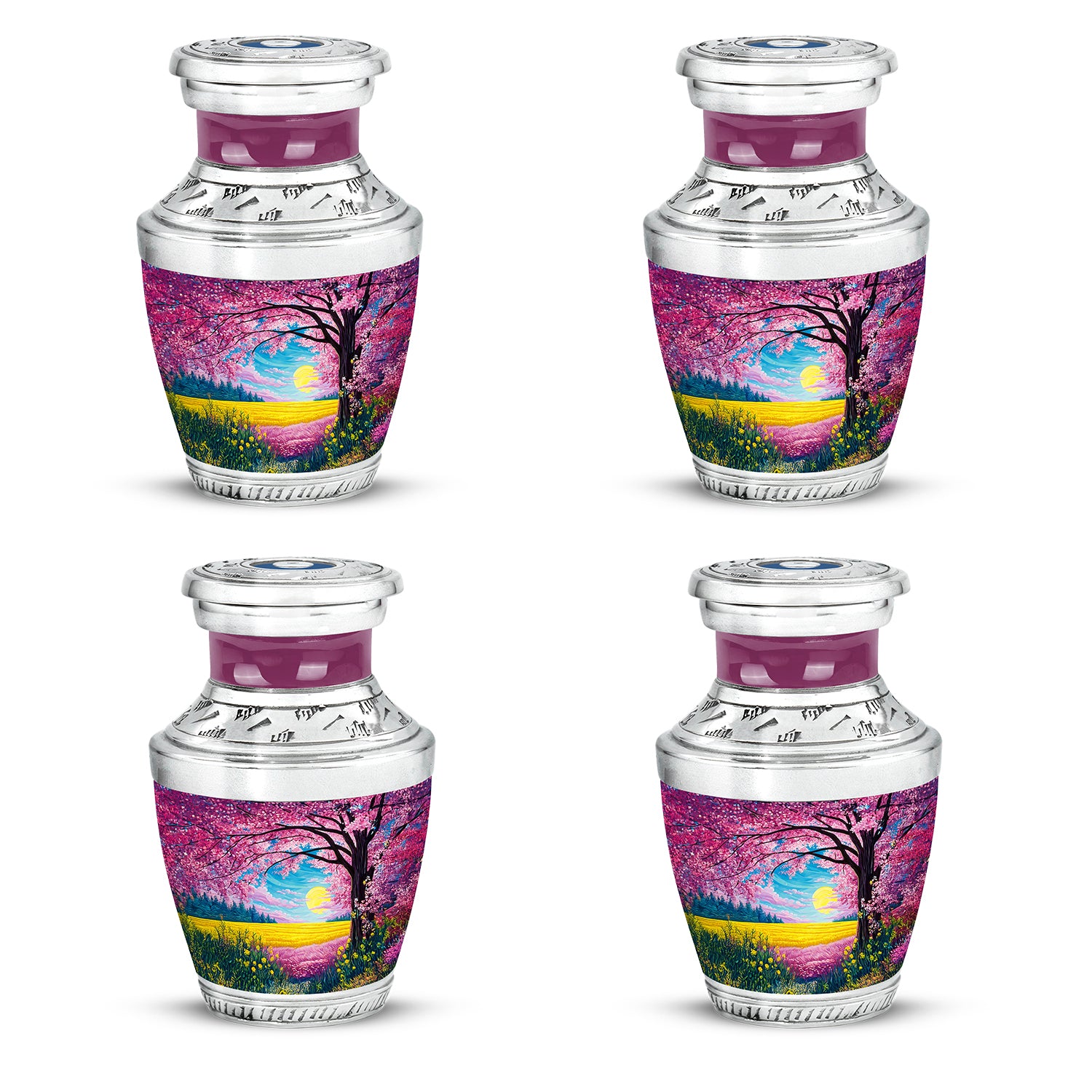 Soft Pink Cherry Blossom Cremation Urn back view with polished surface - artistic cherry blossom interpretation with creative detail - 10 inch aluminum urn for cremated remains