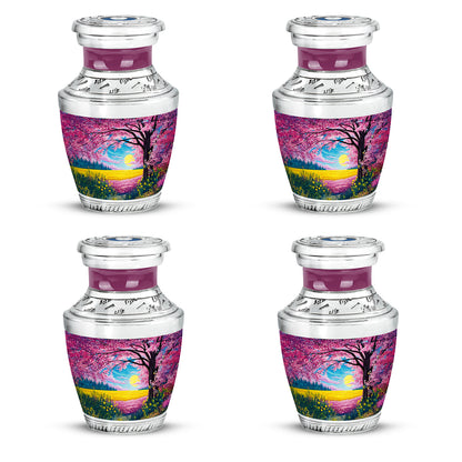 Soft Pink Cherry Blossom Cremation Urn back view with polished surface - artistic cherry blossom interpretation with creative detail - 10 inch aluminum urn for cremated remains
