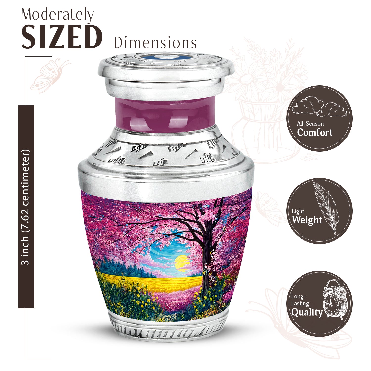 Blush Pink Cherry Blossom Cremation Urn top-down view of secure threaded lid - modern art-inspired cherry blossom motif on sleek aluminum - mini keepsake memorial for portion of cremation ashes