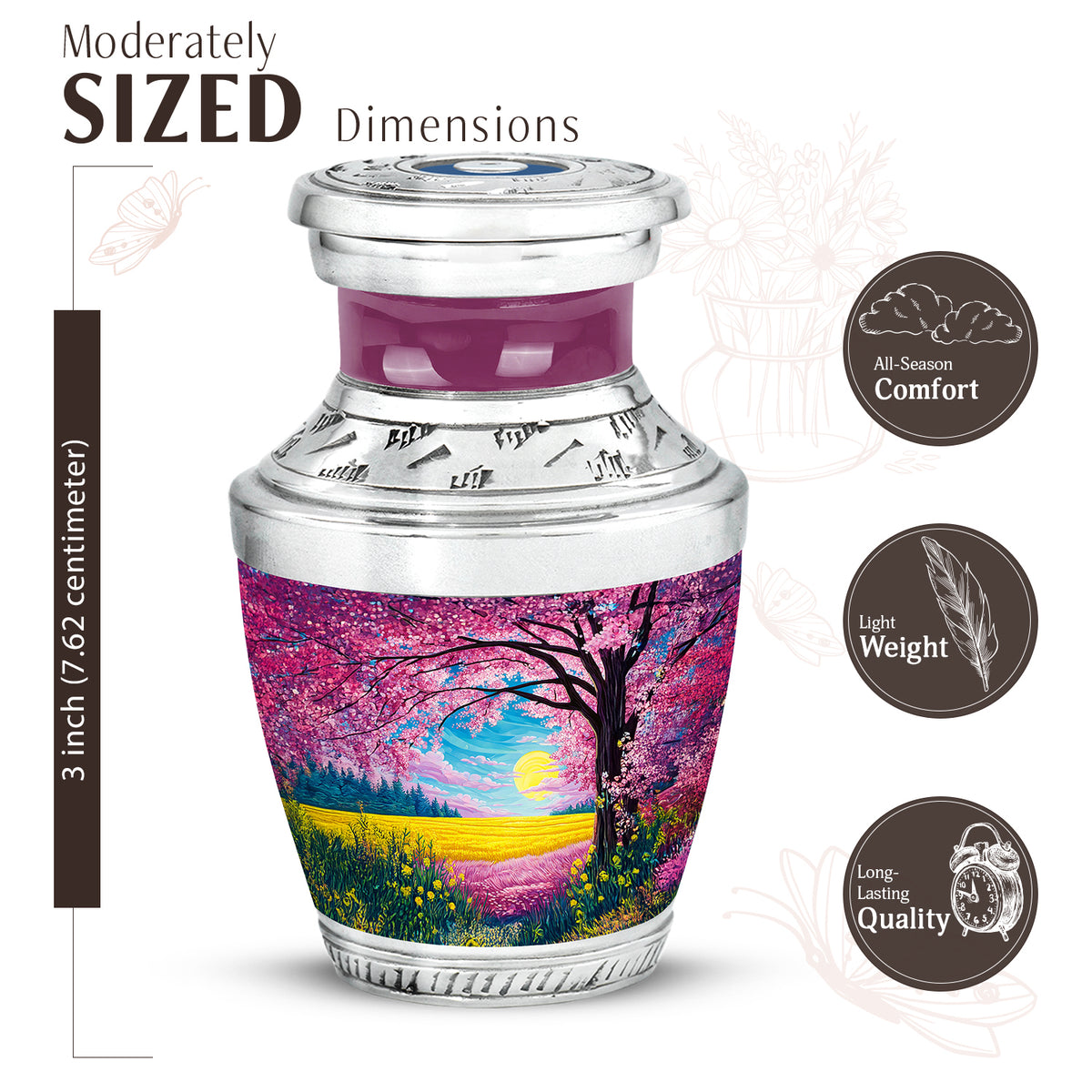 Blush Pink Cherry Blossom Cremation Urn top-down view of secure threaded lid - modern art-inspired cherry blossom motif on sleek aluminum - mini keepsake memorial for portion of cremation ashes