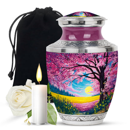 Salmon Pink Cherry Blossom Cremation Urn side profile showing urn shape - artistic cherry blossom interpretation with creative detail - full-size 10 inch 200 cubic inch adult cremation urn