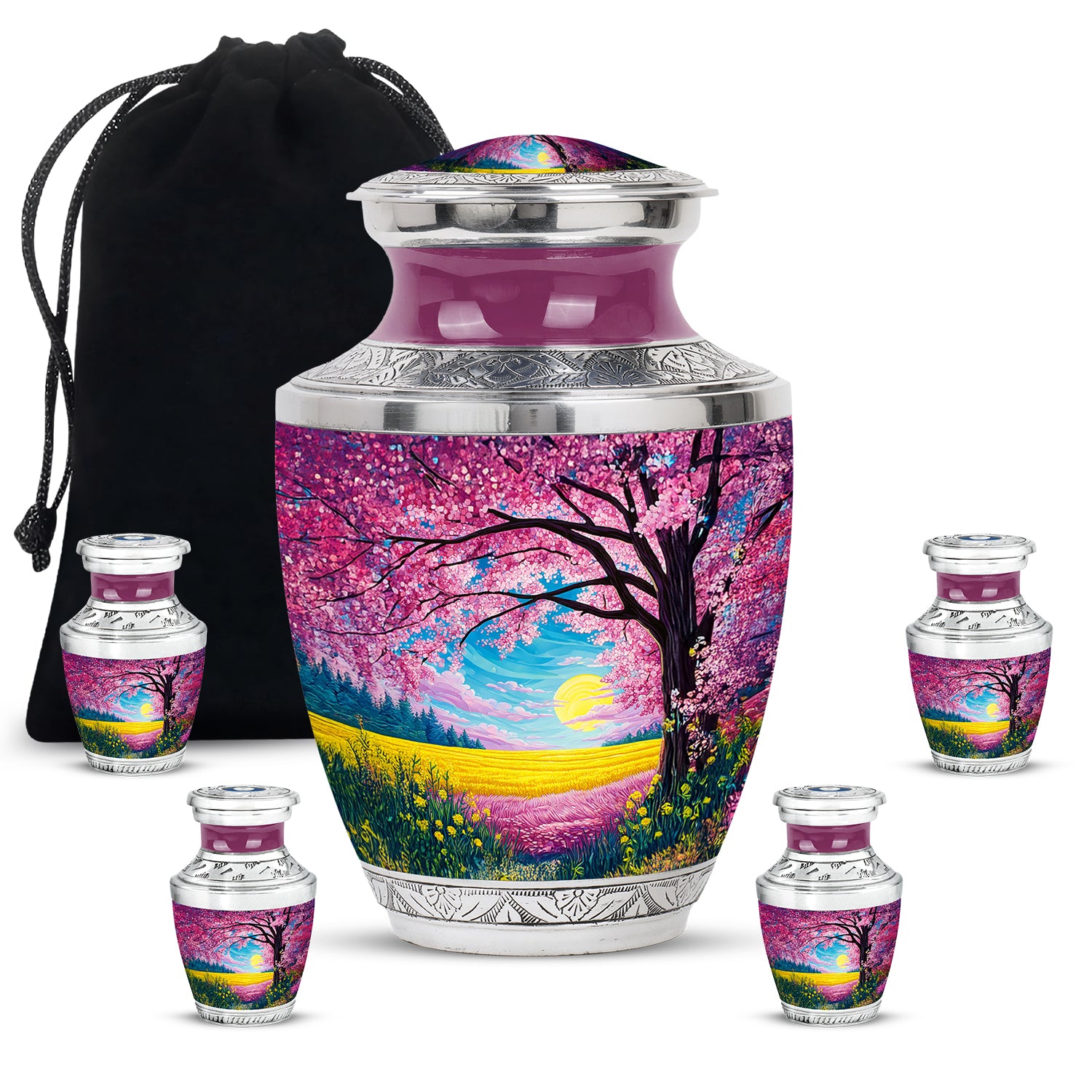 Soft Pink Cherry Blossom Cremation Urn lifestyle display on memorial shelf - stylized abstract cherry blossom pattern with bold lines - memorial set with one large and four small urns