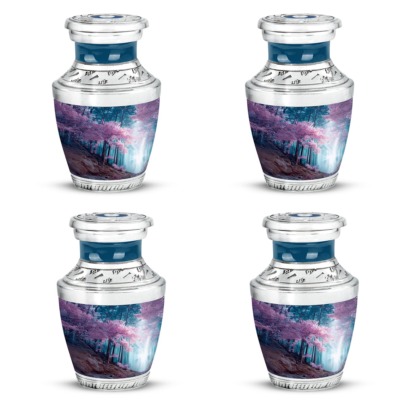 Navy Blue Cherry Blossom Cremation Urn back view with polished surface - modern art-inspired cherry blossom motif on sleek aluminum - 10 inch aluminum urn for cremated remains