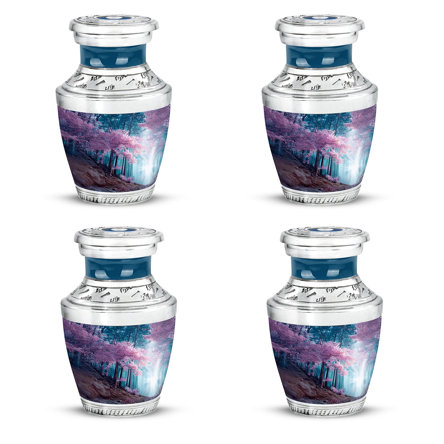 Navy Blue Cherry Blossom Cremation Urn back view with polished surface - modern art-inspired cherry blossom motif on sleek aluminum - 10 inch aluminum urn for cremated remains