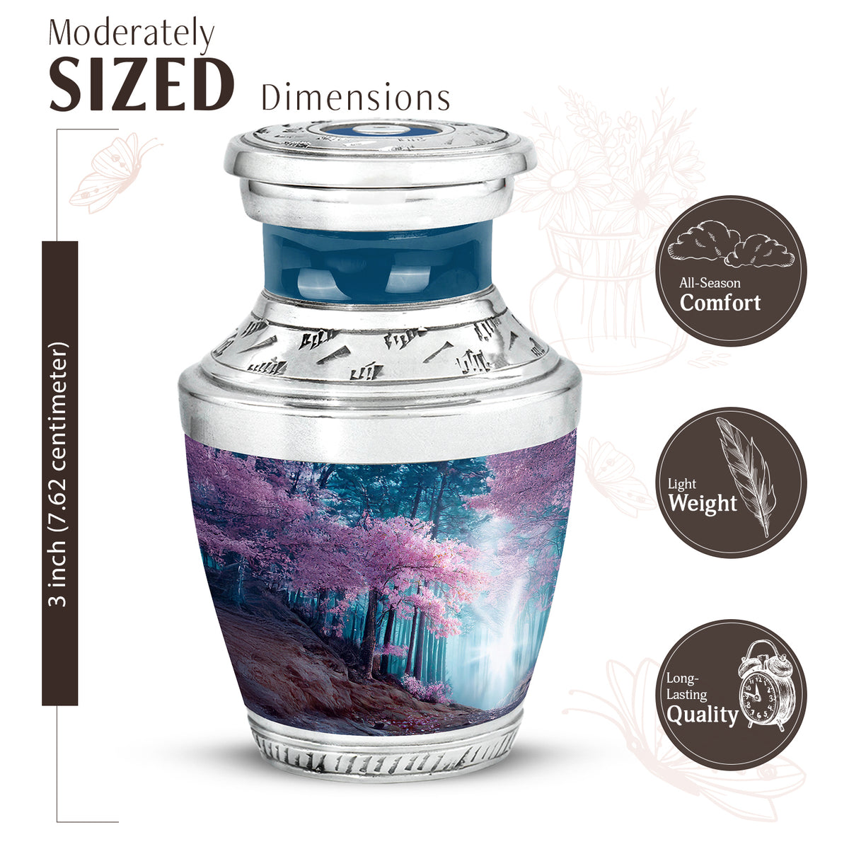 Misty Blue Cherry Blossom Cremation Urn top-down view of secure threaded lid - contemporary cherry blossom design with modern artistic flair - mini keepsake memorial for portion of cremation ashes