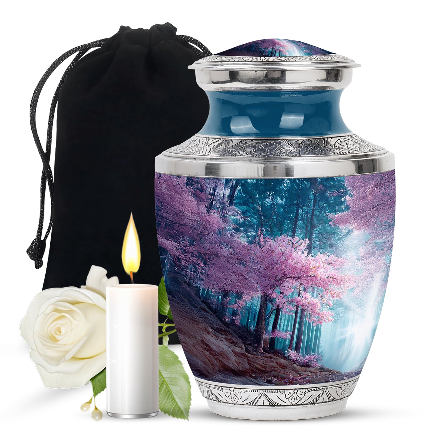 Royal Blue Cherry Blossom Cremation Urn side profile showing urn shape - artistic cherry blossom interpretation with creative detail - full-size 10 inch 200 cubic inch adult cremation urn