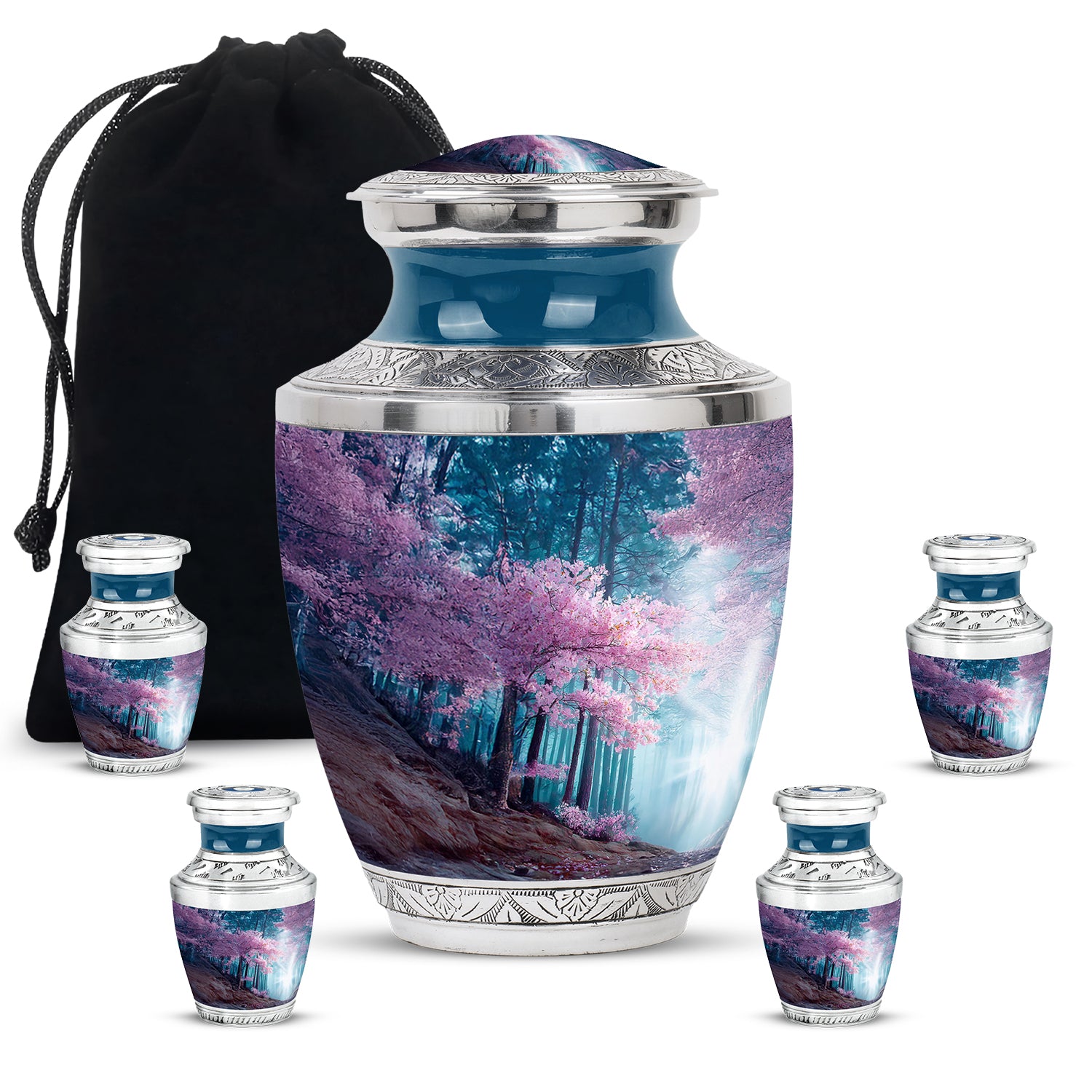 Calming Blue Cherry Blossom Cremation Urn lifestyle display on memorial shelf - stylized abstract cherry blossom pattern with bold lines - memorial set with one large and four small urns