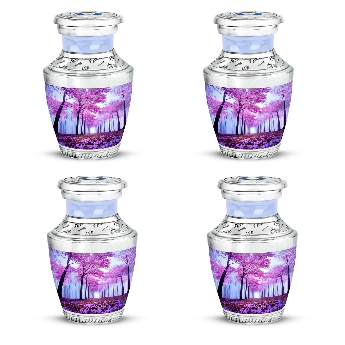 Bright Blue Cherry Blossom Cremation Urn back view with polished surface - artistic cherry blossom interpretation with creative detail - 10 inch aluminum urn for cremated remains