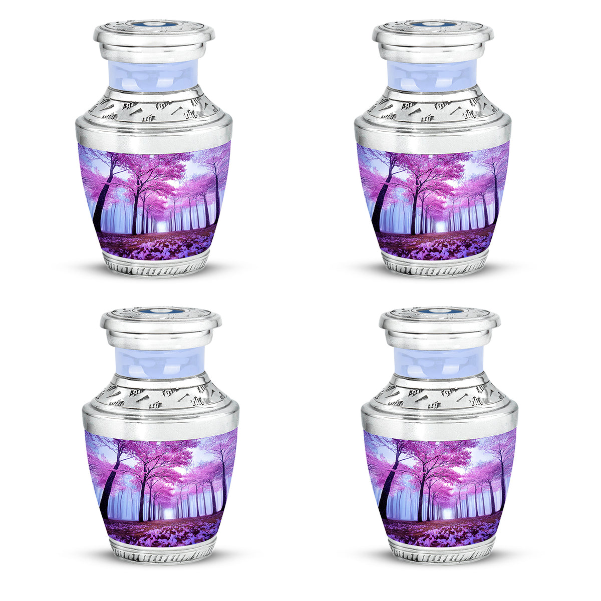 Bright Blue Cherry Blossom Cremation Urn back view with polished surface - artistic cherry blossom interpretation with creative detail - 10 inch aluminum urn for cremated remains