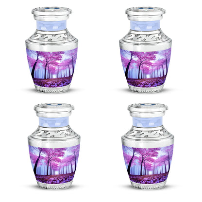 Bright Blue Cherry Blossom Cremation Urn back view with polished surface - artistic cherry blossom interpretation with creative detail - 10 inch aluminum urn for cremated remains