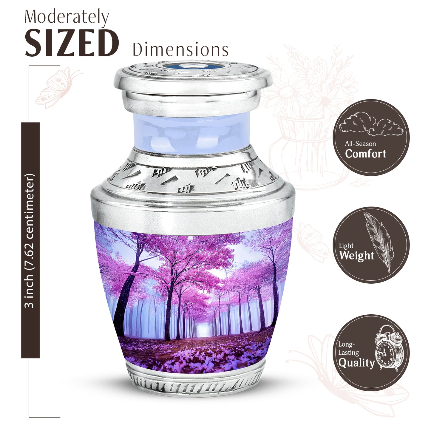 Soft Blue Cherry Blossom Cremation Urn top-down view of secure threaded lid - artistic cherry blossom interpretation with creative detail - mini keepsake memorial for portion of cremation ashes