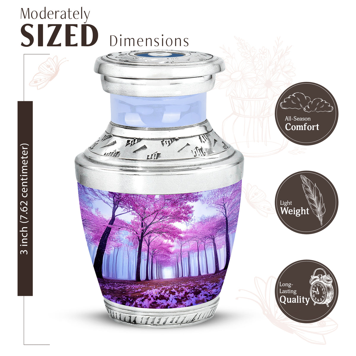 Soft Blue Cherry Blossom Cremation Urn top-down view of secure threaded lid - artistic cherry blossom interpretation with creative detail - mini keepsake memorial for portion of cremation ashes