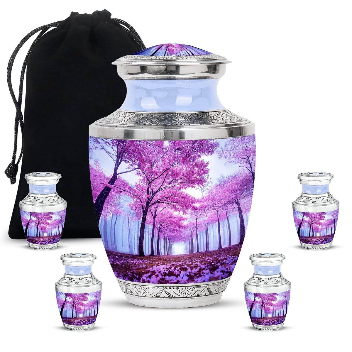 Calming Blue Cherry Blossom Cremation Urn lifestyle display on memorial shelf - artistic cherry blossom interpretation with creative detail - memorial set with one large and four small urns