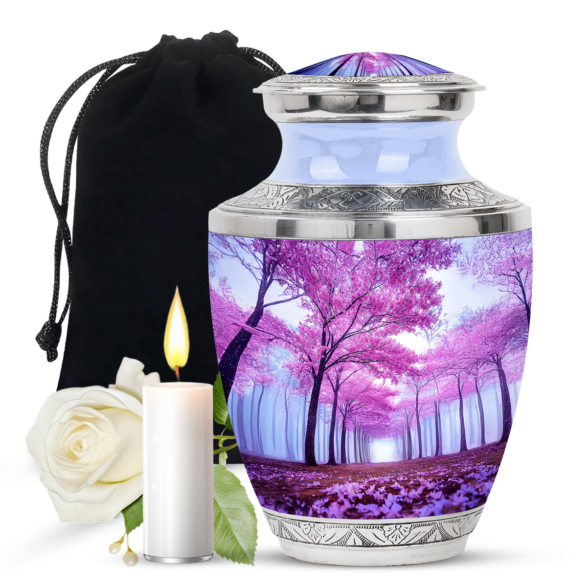 Royal Blue Cherry Blossom Cremation Urn side profile showing urn shape - stylized abstract cherry blossom pattern with bold lines - full-size 10 inch 200 cubic inch adult cremation urn