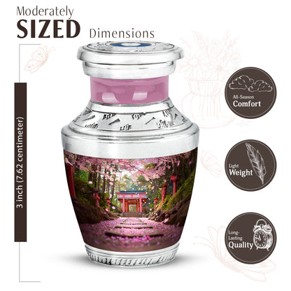 Warm Gold Cherry Blossom Cremation Urn top-down view of secure threaded lid - artistic cherry blossom interpretation with creative detail - mini keepsake memorial for portion of cremation ashes