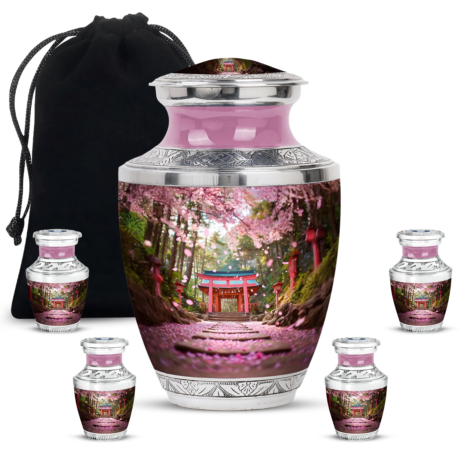 Burnished Gold Cherry Blossom Cremation Urn lifestyle display on memorial shelf - stylized abstract cherry blossom pattern with bold lines - memorial set with one large and four small urns