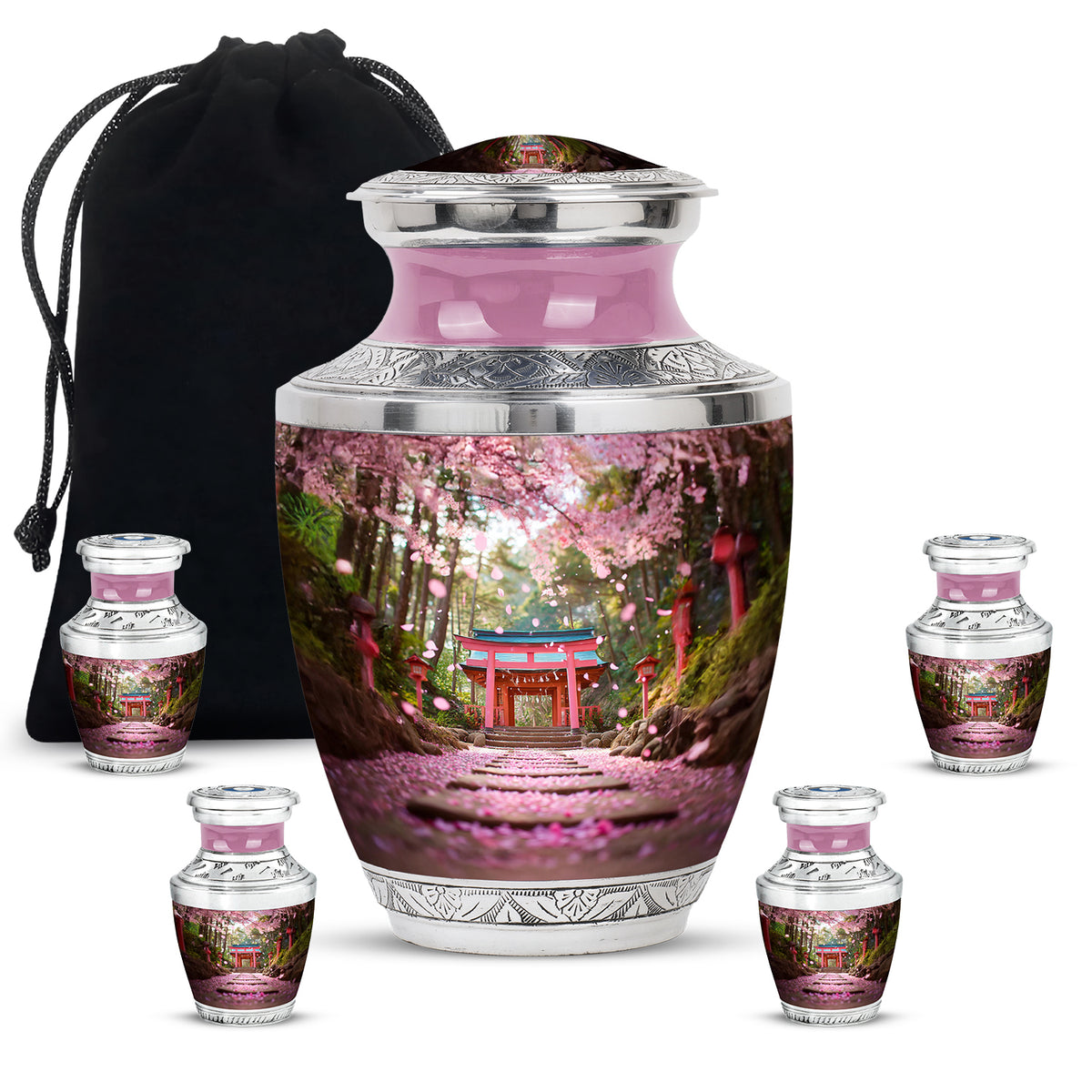 Burnished Gold Cherry Blossom Cremation Urn lifestyle display on memorial shelf - stylized abstract cherry blossom pattern with bold lines - memorial set with one large and four small urns