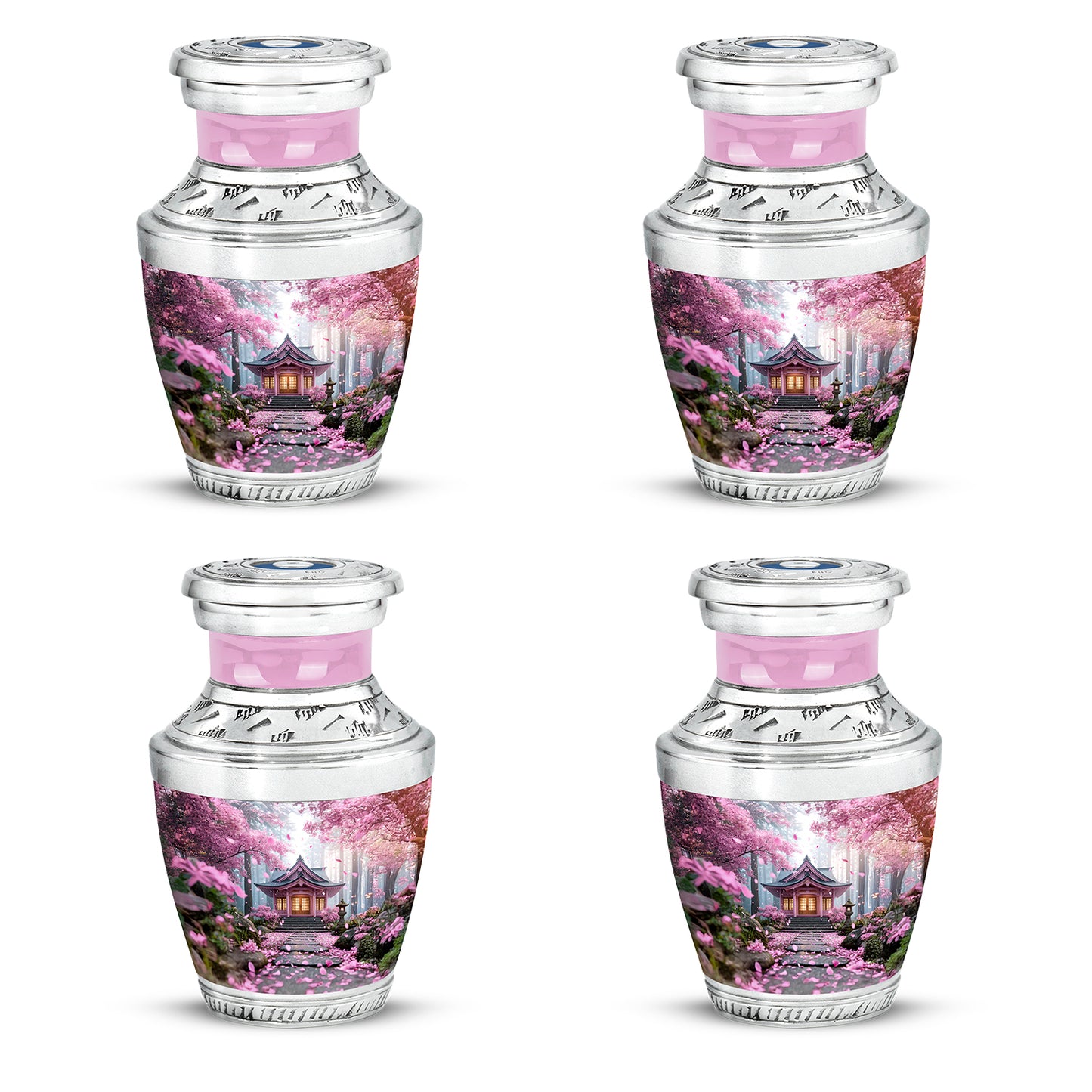 Rose Pink Cherry Blossom Cremation Urn back view with polished surface - modern art-inspired cherry blossom motif on sleek aluminum - 10 inch aluminum urn for cremated remains
