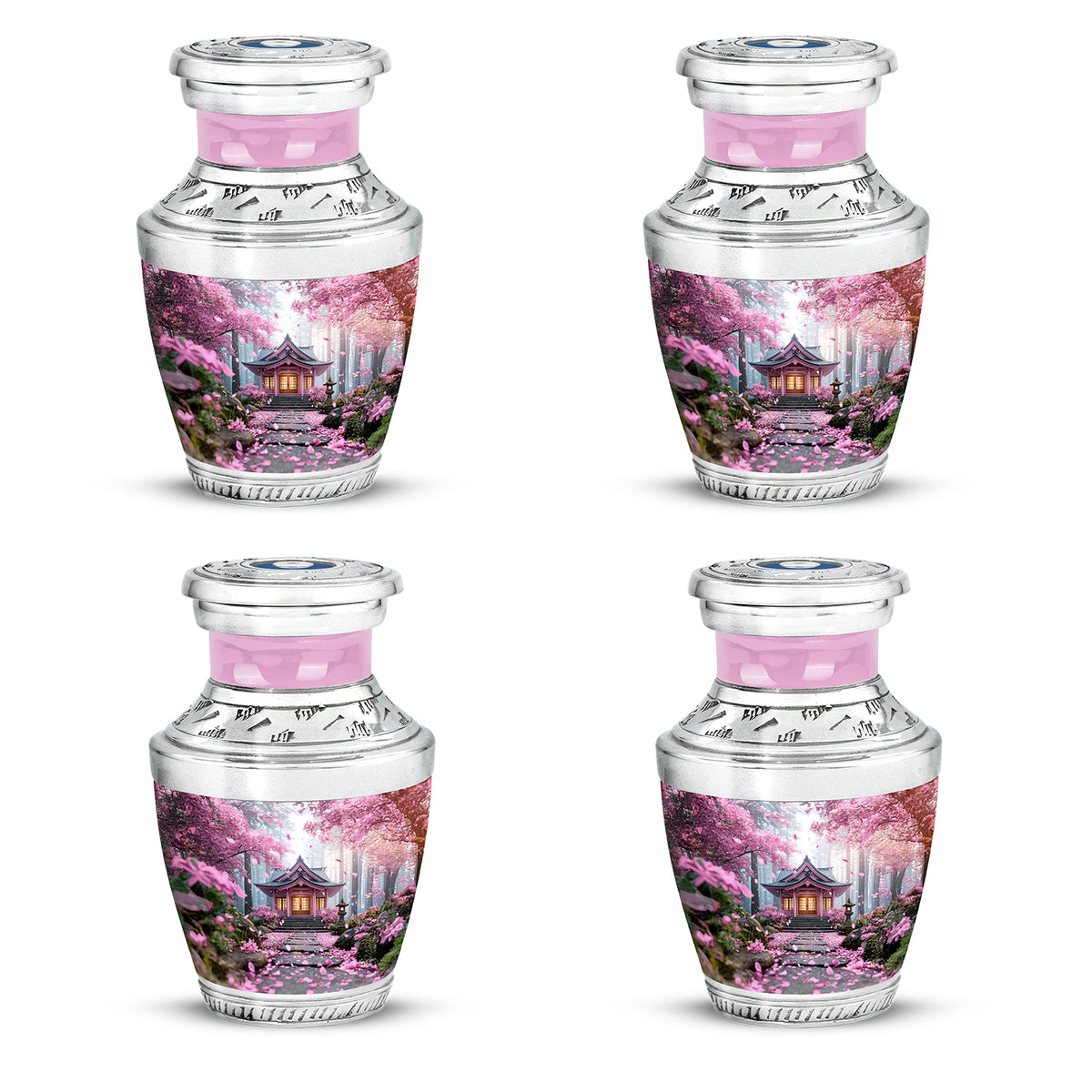 Rose Pink Cherry Blossom Cremation Urn back view with polished surface - modern art-inspired cherry blossom motif on sleek aluminum - 10 inch aluminum urn for cremated remains
