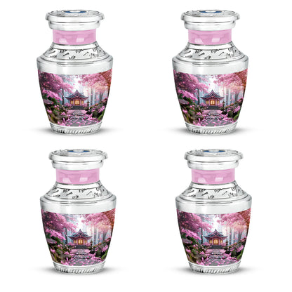 Rose Pink Cherry Blossom Cremation Urn back view with polished surface - modern art-inspired cherry blossom motif on sleek aluminum - 10 inch aluminum urn for cremated remains