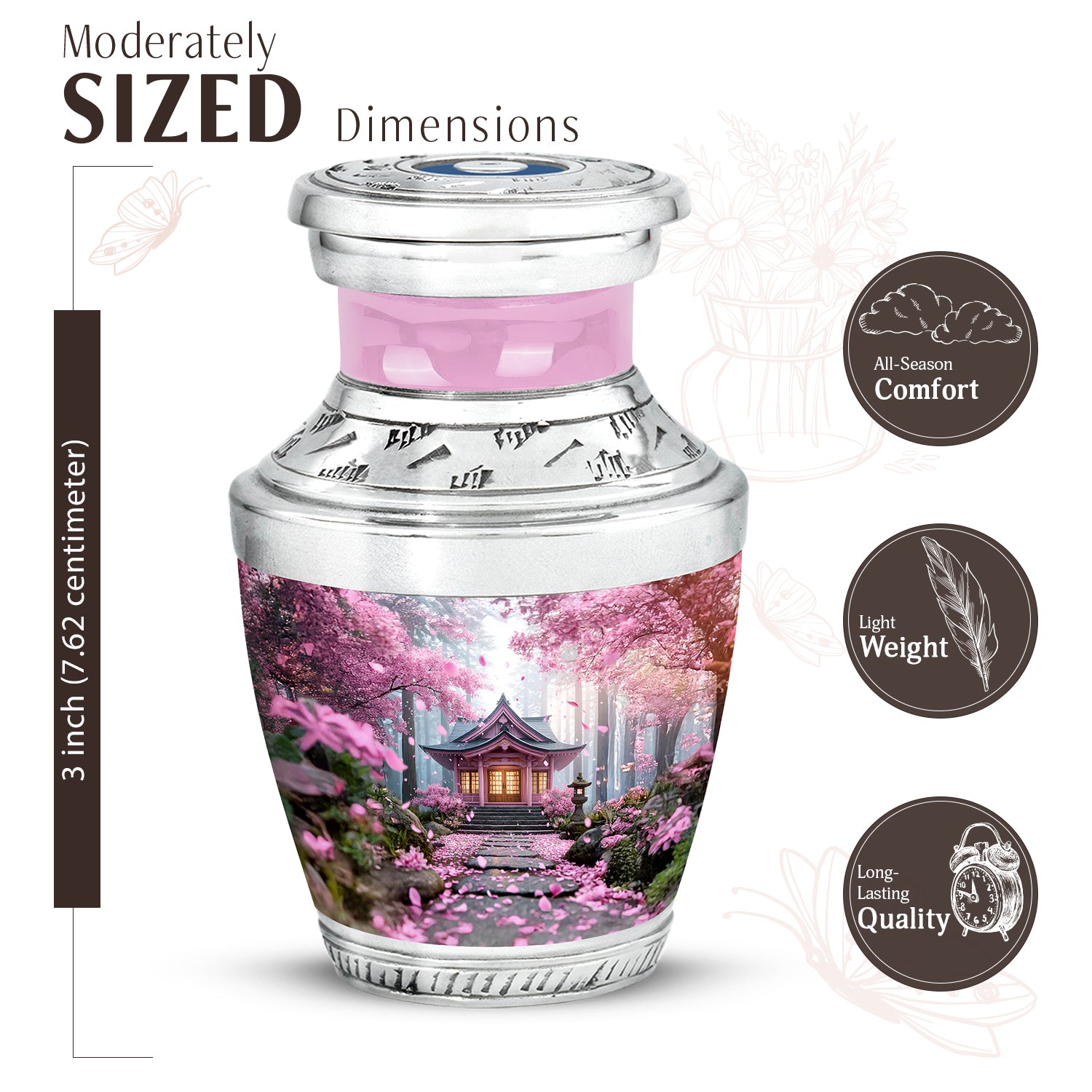 Salmon Pink Cherry Blossom Cremation Urn top-down view of secure threaded lid - stylized abstract cherry blossom pattern with bold lines - mini keepsake memorial for portion of cremation ashes