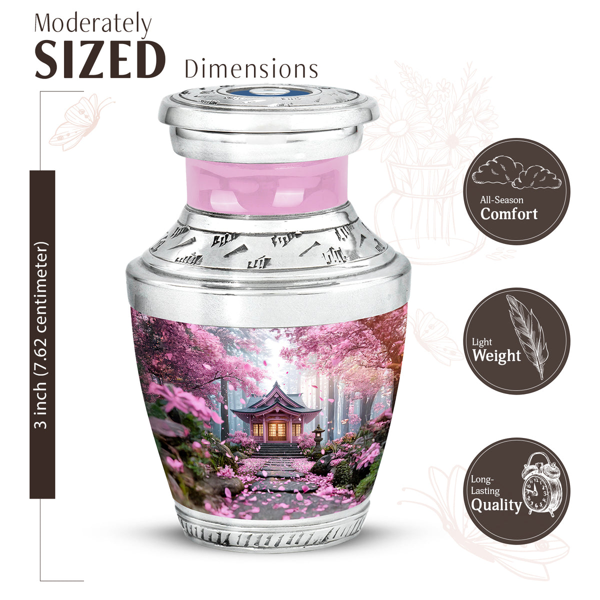 Salmon Pink Cherry Blossom Cremation Urn top-down view of secure threaded lid - stylized abstract cherry blossom pattern with bold lines - mini keepsake memorial for portion of cremation ashes