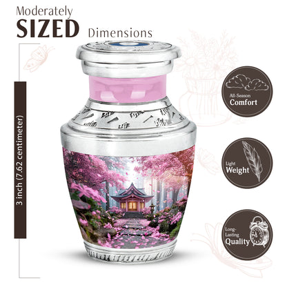 Salmon Pink Cherry Blossom Cremation Urn top-down view of secure threaded lid - stylized abstract cherry blossom pattern with bold lines - mini keepsake memorial for portion of cremation ashes