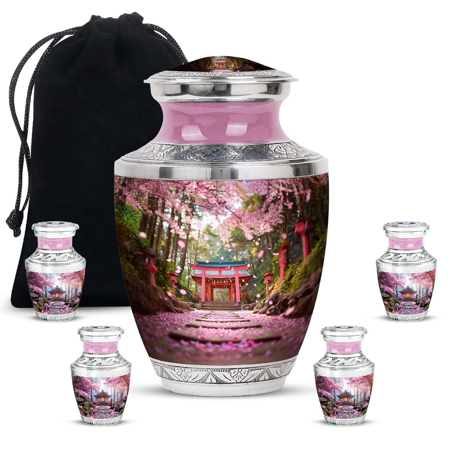 Dusty Pink Cherry Blossom Cremation Urn lifestyle display on memorial shelf - artistic cherry blossom interpretation with creative detail - memorial set with one large and four small urns