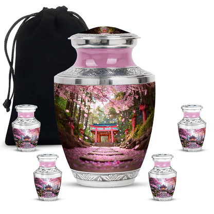 Dusty Pink Cherry Blossom Cremation Urn lifestyle display on memorial shelf - artistic cherry blossom interpretation with creative detail - memorial set with one large and four small urns