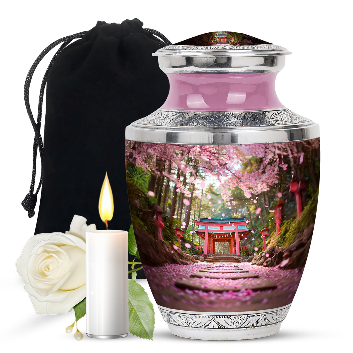Coral Pink Cherry Blossom Cremation Urn side profile showing urn shape - contemporary cherry blossom design with modern artistic flair - full-size 10 inch 200 cubic inch adult cremation urn